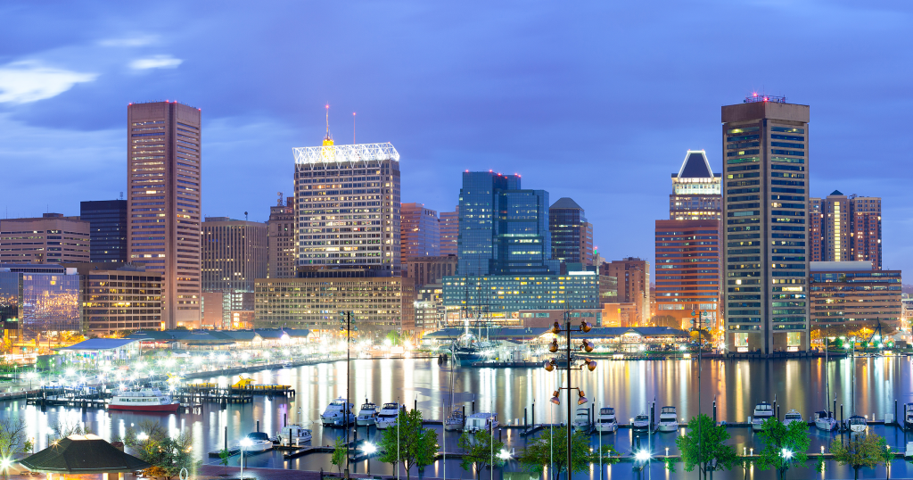 A view of Baltimore, Maryland at dusk