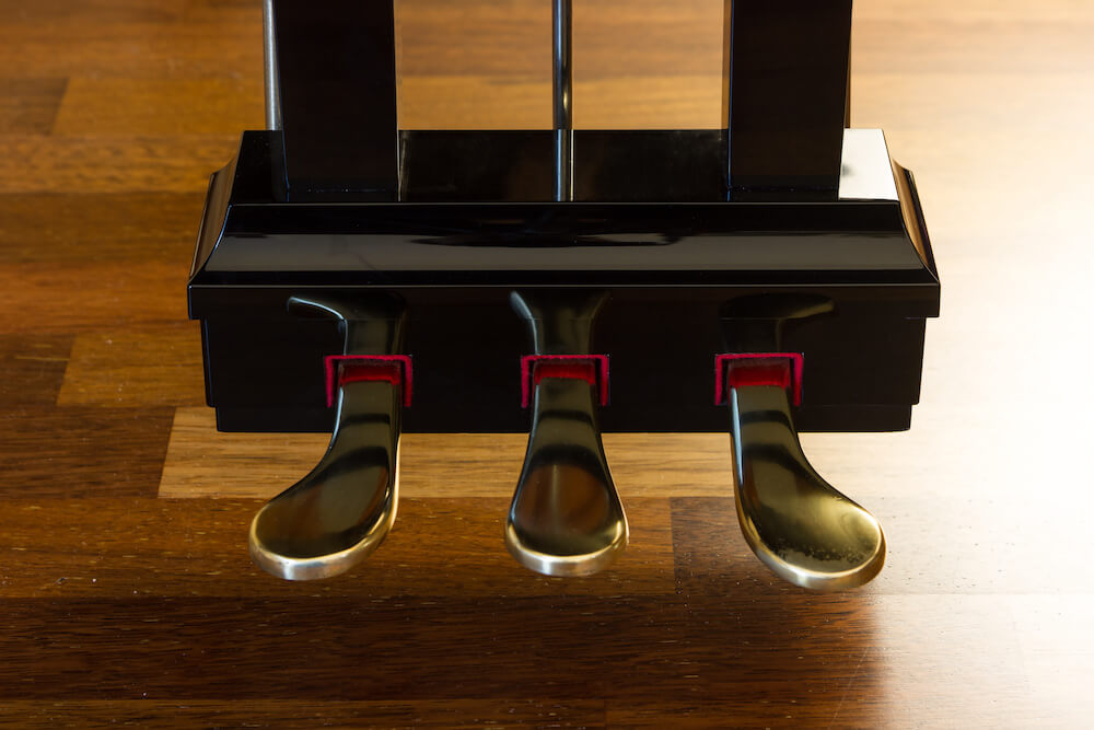 Three piano pedals used to modify the sound of the instrument