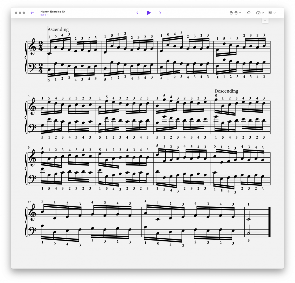 Exercise 10 of Hanon's “The Virtuoso Pianist” in the Playground Sessions piano learning app