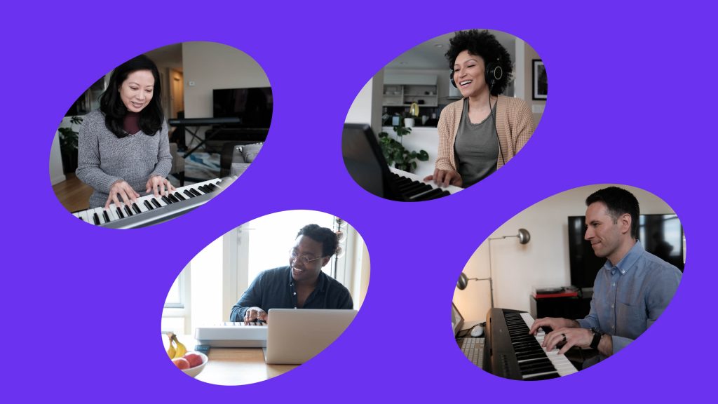 Four adults learning piano with the Playground Sessions app